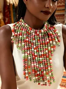 Colorful Multilayer Wood Bead Necklace, Bohemian Ethnic Style, Handmade Unique Design, Casual Beach Photo, Party Travel Music Festival Accessory