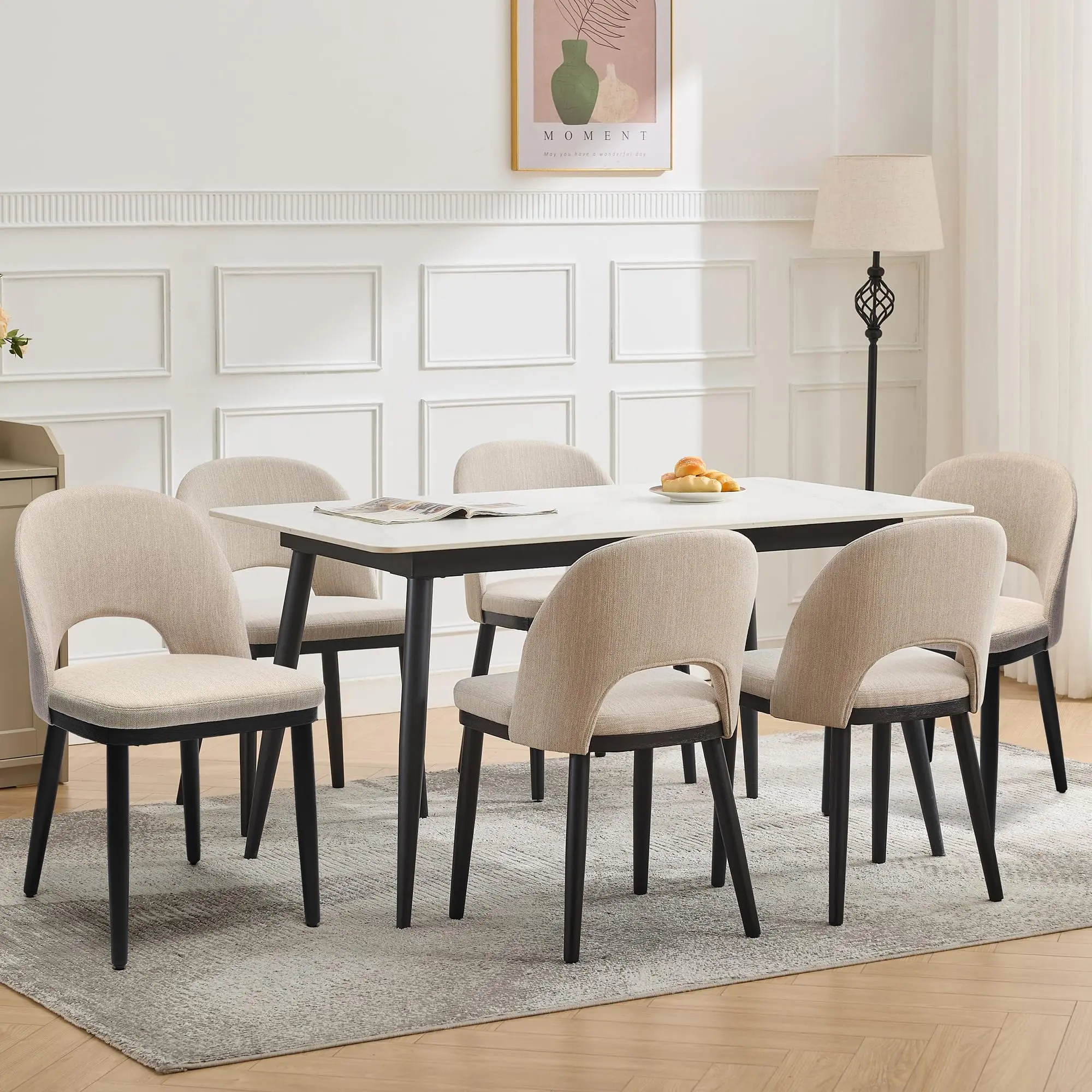 Garvee Wooden Dining Chairs Set of 6,Upholstered Kitchen Dining Room Chairs with Curved Backrest and Wood Leg,Modern Fabric Farmhouse Dinner Chair for Restaurant/Cafe,Beige