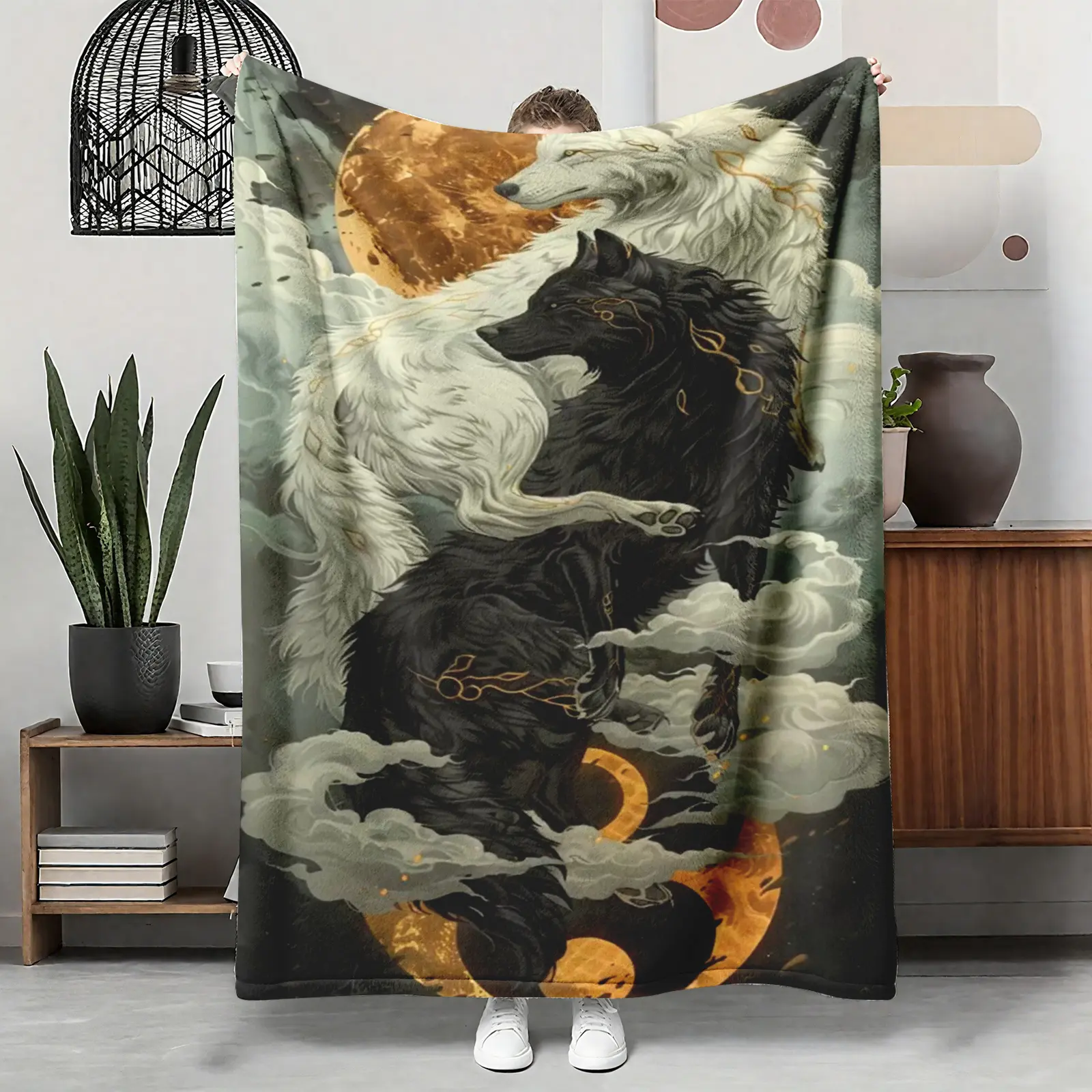 Black White Norse Wolf Flannel Throw, Skoll Hati Mythical Soft Warm Blanket, Cozy Viking Gift for Him Her, Couch Sofa Bed Mystical Decor, AC Summer Nap Blanket, Birthday Christmas Halloween Gift for Wolf Lovers, Sun And Moon Throw, Campfire / Bbq Party, C