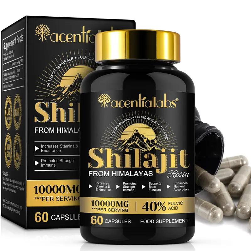 Acentiallabs New Himalayan Shilajit Edible Dietary Supplement Capsules - Vegan Safe, Chemical Free, Unflavored, 60 Count, Essential & Trace Minerals, Energy Focus & Brain Health Support, Immunity Boost, Daily for Men, Camping Essential, Selfcare Aid