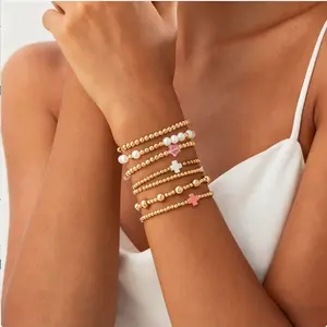 Women’s 14K Gold Cross Bracelets Stack Set - Stretch Boho Pearl Beaded Christian Colorful Trendy Gift