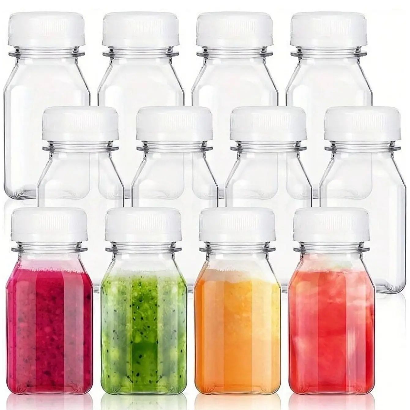 Reusable Plastic Juice Bottles with Lids, Clear Drink Containers for Juicing and Milkshakes, Available in Sets of 1, 2, or 4 for Homemade Beverages
