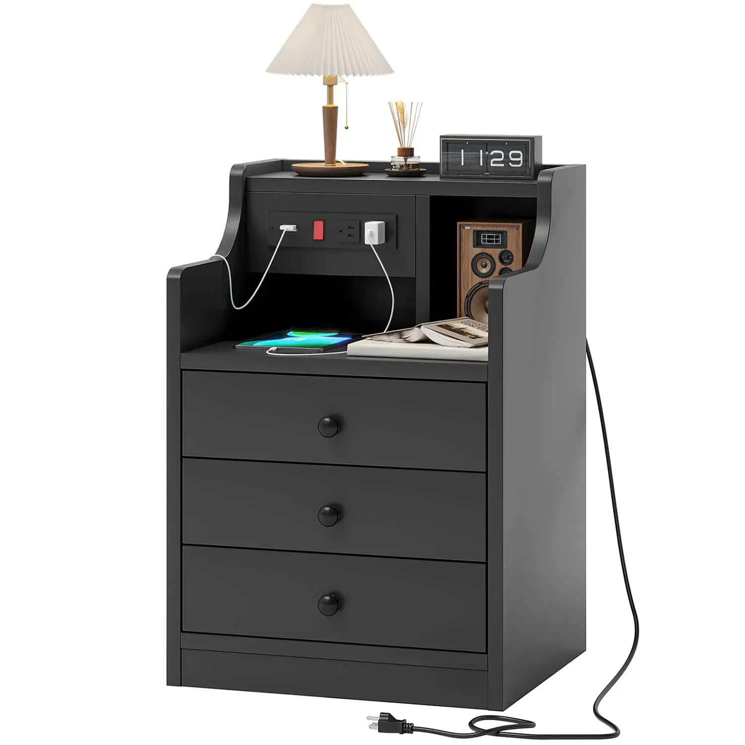 Sikaic 3 Drawer Nightstand with Charging Station, Black Bedroom Nightstand with Storage