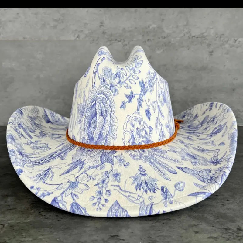 Blue Chinoiserie Suede Cowboy Hat