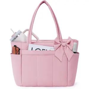 Crush Bow Tote Bag for Women, Lightweight Work Handbag Teacher Nurse Puffer Tote Shoulder Bag for Travel Gym | Fits 40oz Tumbler, 15.6" Laptop Bag, Daily College Bags, Nursing Clinical Bag, Beach/Shopping/Trips, Ideal Gift for Her