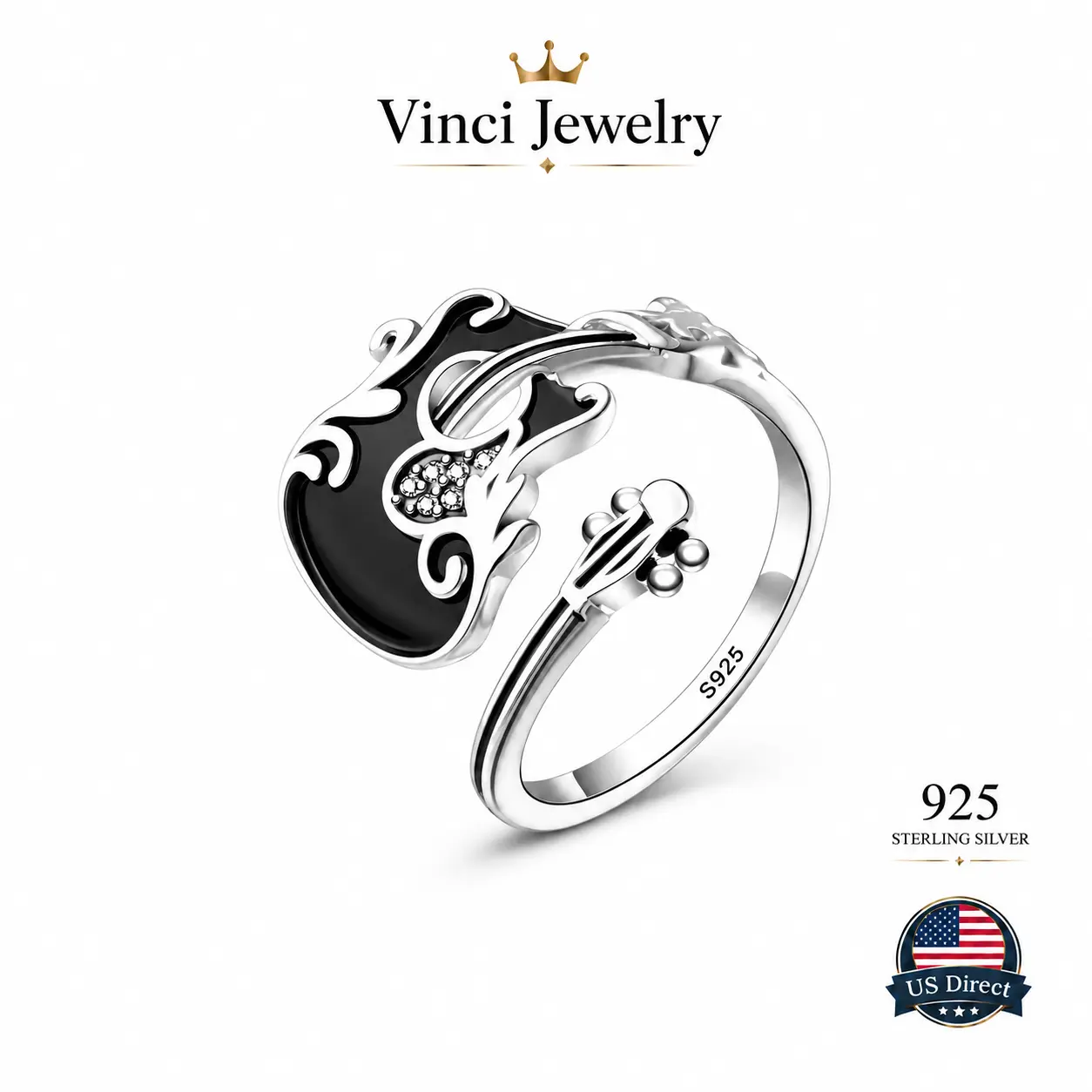 925 sterling silver Vintage Guitar Ring Black Enamel Adjustable Statement Ring Music Lover Jewelry Elegant Retro Band Ring for Women Girls Musician Gift Everyday Wear Concert Festival Party Anniversary Birthday Holiday Fashion Accessory Unique Design