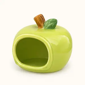 Ceramic Hamster Hideout and Apple Food Bowl Set, Cute Small Pet House, Natural Cool Ceramic Hideaway for Syrian Dwarf Hamsters Gerbils Mice, Red/Green Cage Decor