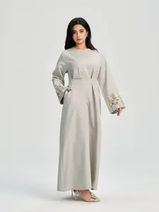 Women's Floral Embroidery Long Sleeve Dress, Modest Casual Round Neck Dress for Daily Wear, Ladies Islamic Clothing for All Seasons, Muslim Women Gowns