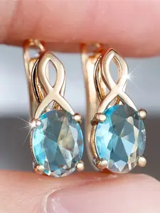 Feminine Synthetic crystal blue light zirconia oval stone hoop earrings, vintage style gold color wedding jewelry for women, Teardrop Earrings