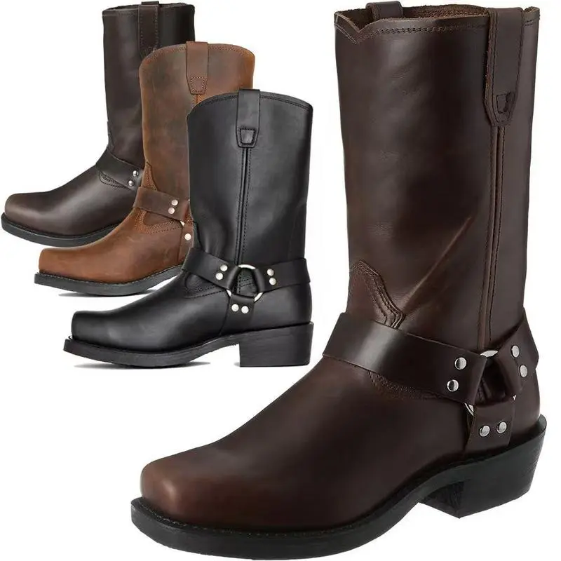 Men'S Calf Boots Square Toe Tube Surface Sewing Metal Ring Elements Thick Heel Western Cowboy Style Outdoor Wear Mid-Calf Boots Men'S Boots Suitable for All Seasons Walking Shoes Footwear Closed Comfort Bota Women Decor Orthotic