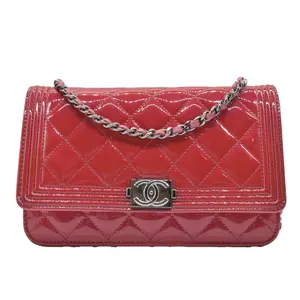Pre-owned CHANEL leather Shoulder Bags $3350 Patent Calfskin Quilted Boy Wallet On Chain WOC Fuchsia