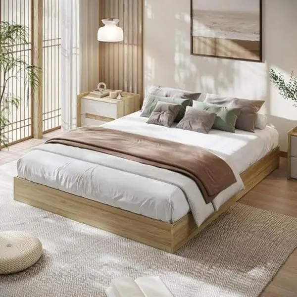 GAOMON California King Size Solid Wood Platform Bed with Sturdy Wooden Slats, Floor-Standing Bed Frame, Modern Minimalist Design Bed Frame, No Box Spring Needed, Space Saver, Easy Assembly, Golden Tan Wood