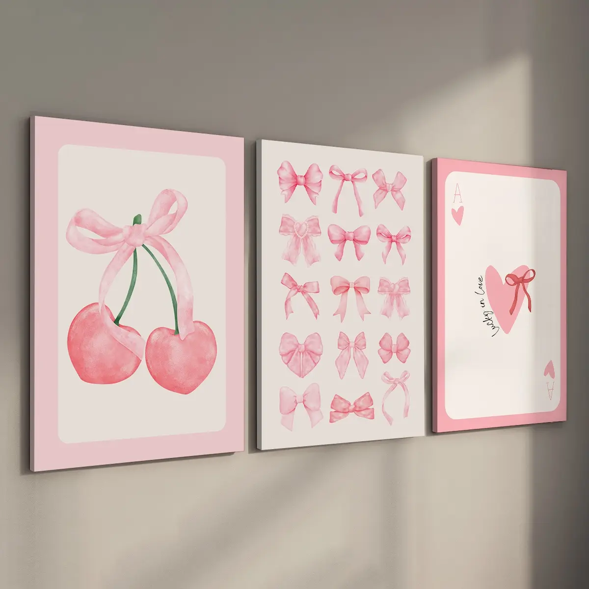 3 Counts/set Wooden Framed Pink Bow Cherry Printed Canvas Posters, Pink Home Wall Art, Aesthetic Wall Decor, Pink Room Decor, Wall Decor Living Room, Bedroom, Dorm, Perfect Gift for Friends and Family, Decoration Items, Waterproof Canvas, Ready To Hang