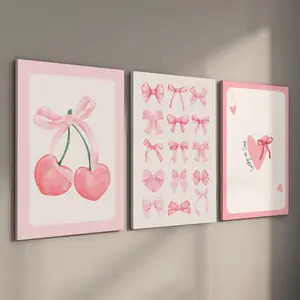 3 Counts/set Wooden Framed Trendy Pink Bow Cherry Printed Canvas Posters, Pink Wall Art, Preppy Room Decor, Pink Room Decor, Wall Decor Living Room, Bedroom, Dorm, Perfect Gift for Friends and Family, Waterproof Canvas, Ready To Hang