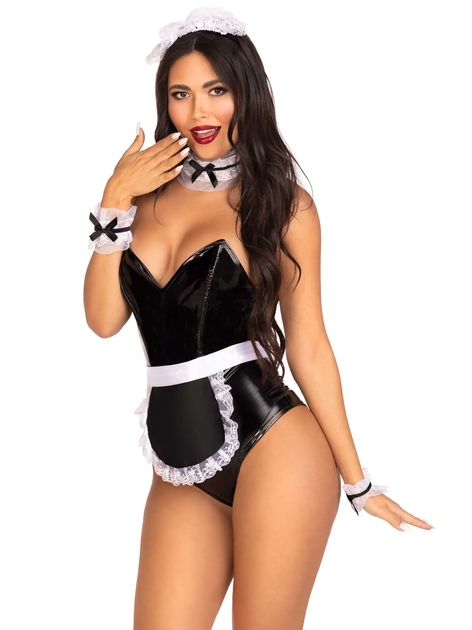 Women's 4-Piece Sexy French Maid Costume Accessory Set - Puffy Frilly Lace Trim, Chiffon, Choker Neck, Wrist Cuffs, Foot Stockings, Headband for Halloween Roleplay Parties