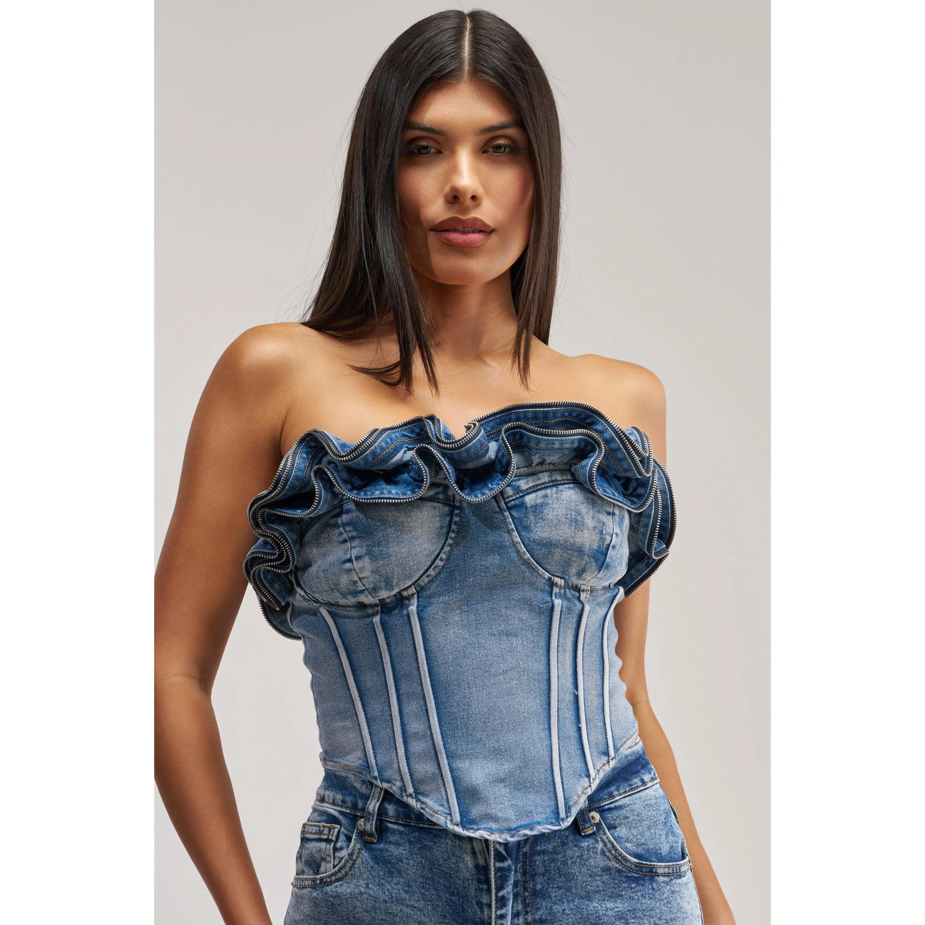 SOMETHING DIFFERENT DENIM CORSET WITH ZIPPER DETAIL IN MEDIUM BLUE DENIM