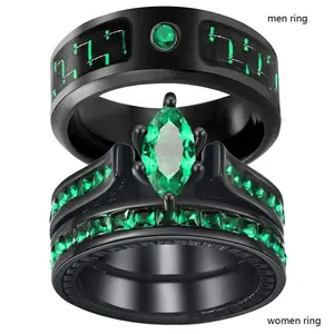 Ringcrown Couple Rings Matching Ring Marquise Cut 1ct Green CZ Black Plated Women Wedding Ring Sets For Him And Her Men Titanium Steel Wedding Band