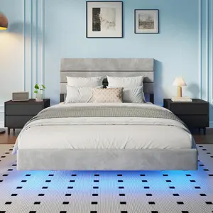 Queen Bed Frame, Queen Size Upholstered Headboard with Charging Station, Floating Silent Operation Design, Sturdy Modern Stylish Space-Saving Bedroom Furniture, Easy Assembly, No Spring Mattress Needed, Ideal for Apartments