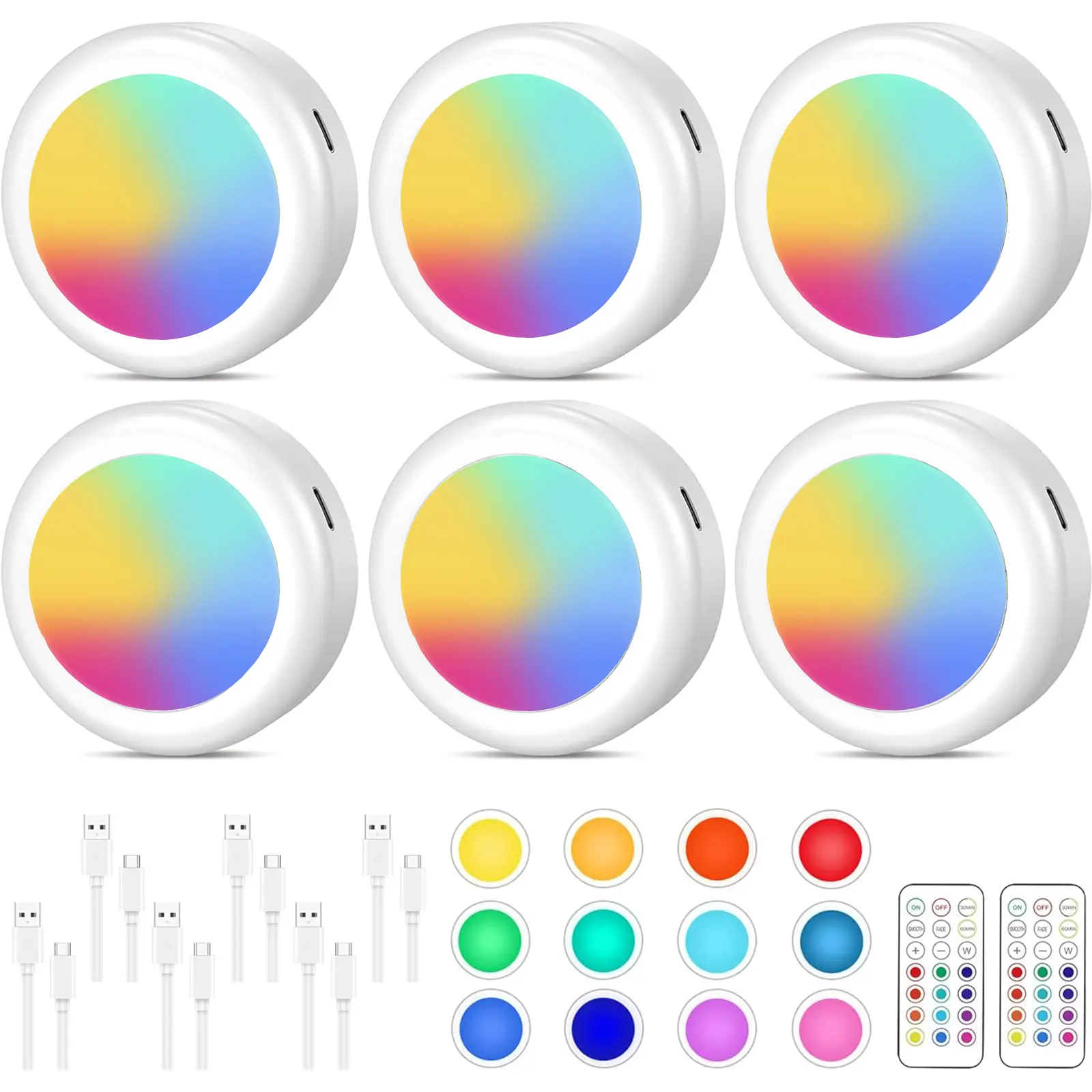 6-Pack Rechargeable RGB Puck Lights, Remote or Touch Control, Magnetic Installation, Dimmable