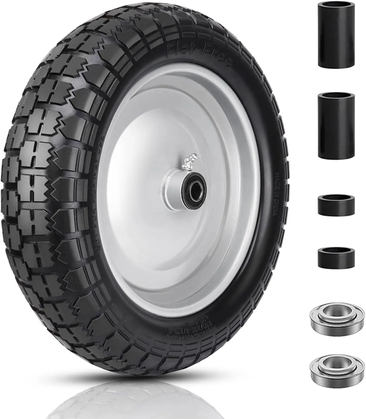 4.80/4.00-8 Tire and Wheel, 14.5" Flat Free Wheelbarrow Tires | Adjust 3"- 9" Centered Hub, Universal Solid Replacement Airless Tires, 5/8" or 3/4" Bearings, No Flat, Includes Spacer Kit
