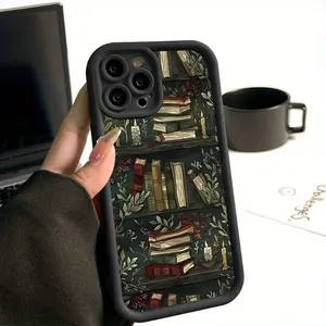 Vintage Bookshelf Pattern Phone Case for iPhone 16 15 14 Pro Max 13 12 11 XR XS Plus Shockproof Non Slip Military-Grade Protection Silicone Cover