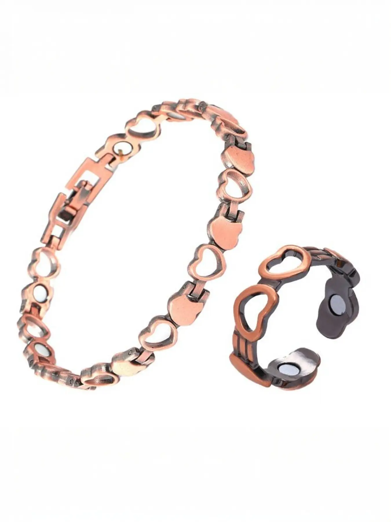 Antique red copper openwork heart-shaped magnetic bracelet and ring set, Romantic bracelet set, Jewelry Sets - Valentine's Day gift for your girlfriend