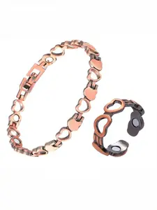 Antique red copper openwork heart-shaped magnetic bracelet and ring set, Romantic bracelet set - Valentine's Day gift for your girlfriend