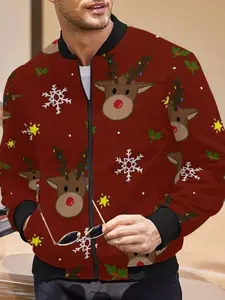 New Men's Jacket Christmas Style Baseball Vest Snowflake Deer Cartoon Pattern Fitted Casual Fall Winter Thin Outerwear