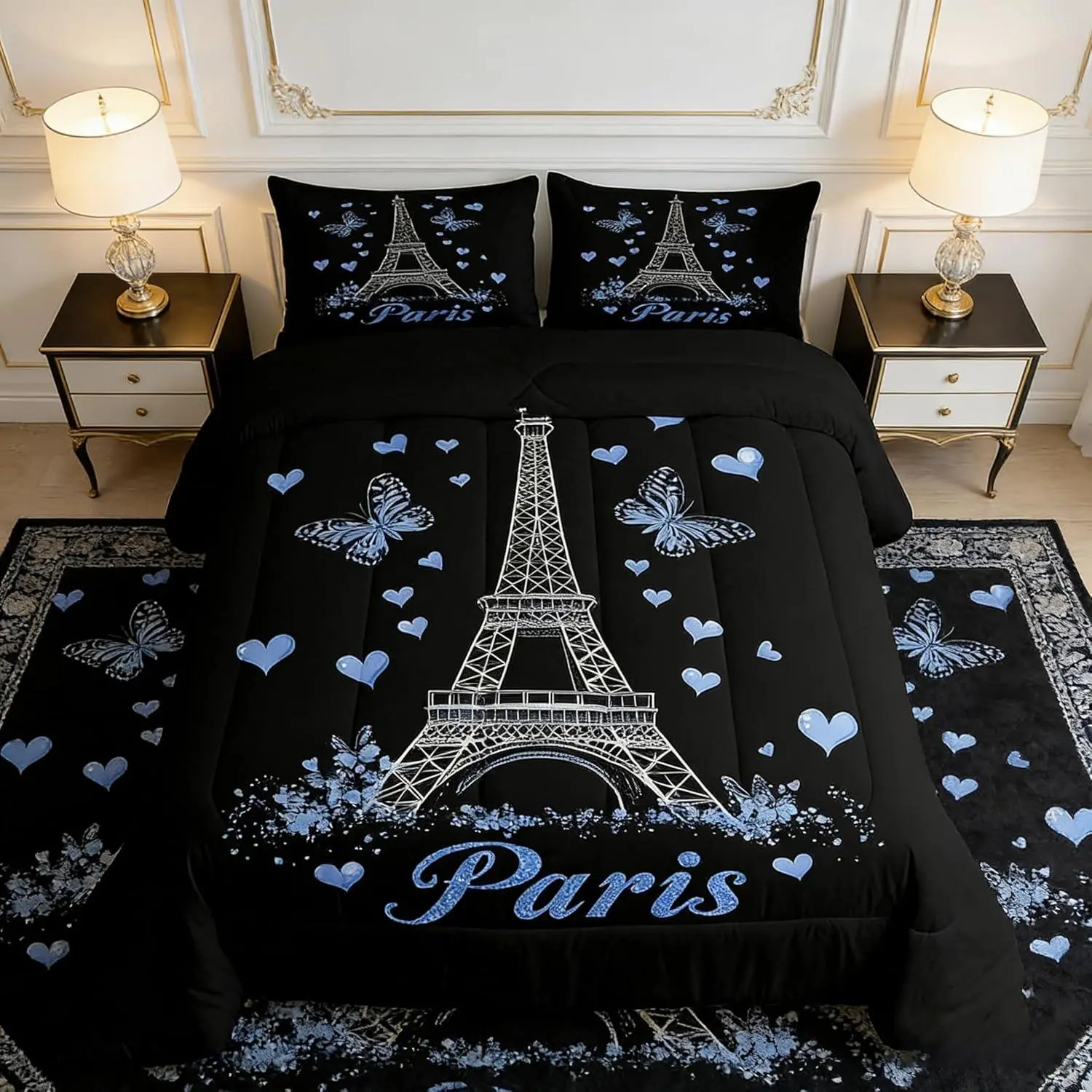 Eiffel Tower Comforter Set,Blue Flower Butterfly Hearts Down Comforter,Paris Bedding Set for Kids Girls Adults Bedroom Decor Lightweight Duvet Insert
