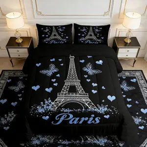 Eiffel Tower Comforter Set,Blue Flower Butterfly Hearts Down Comforter,Paris Bedding Set for Kids Girls Adults Bedroom Decor Lightweight Duvet Insert