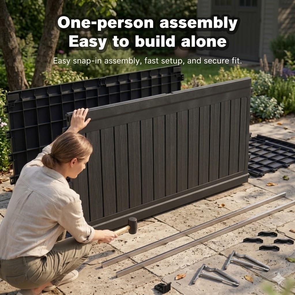 260 Gallon Outdoor Storage Deck Box with Seating Heavy Duty Waterproof Resin Bench for Patio Garden Backyard Poolside Organization Lockable Lid Easy Lift Wood Look Black Storage