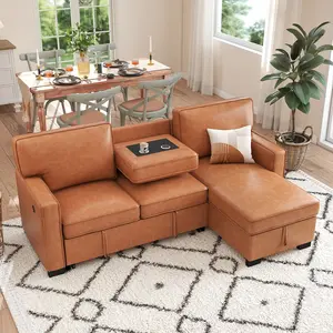 【[TikTokShopBlackFriday]】EBELLO 3 in 1 Convertible Sofa Bed, Modern Faux Leather L Shaped Sofas for Living Room, Pull Out Modular Couch Bed with Storage Space, USB Ports and Cup Holders