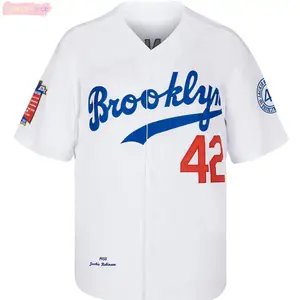 Retro White Brooklyn 42 Baseball Shirt, Blue Red Letter Embroidered Button Down Jersey, Breathable Summer Sports Activewear For Men, Y2K Hip Hop Streetwear, Casual Americana Game Day Tailgate Outfit