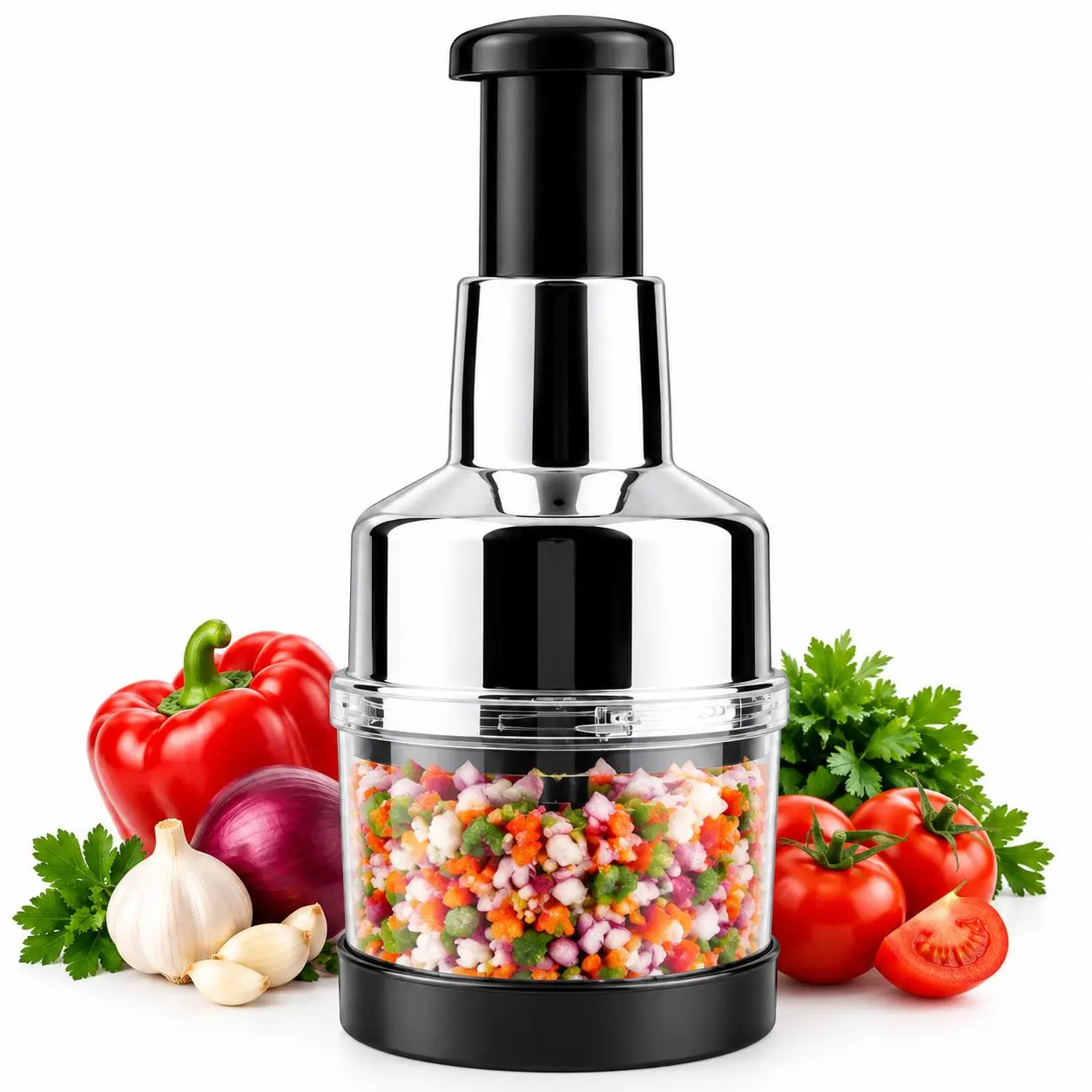 Manual Food Chopper Hand Press Vegetable Chopper Stainless Steel Blades Garlic Press Onion Slicer Dicer Nuts Pepper Chopper Compact Mini Food Processor Easy Clean Kitchen Cutter Mincer Tool Container for Salad Preparation Meal Prep