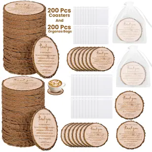 400 Pack Wedding Favors for Guests, 200 Tree Bark Cork Coasters & 200 White Organza Bags, 100mm Diameter 2.25mm Thick Rustic Wood Coasters, Thank You Gift for Wedding Bridal Shower Party Decoration Supplies