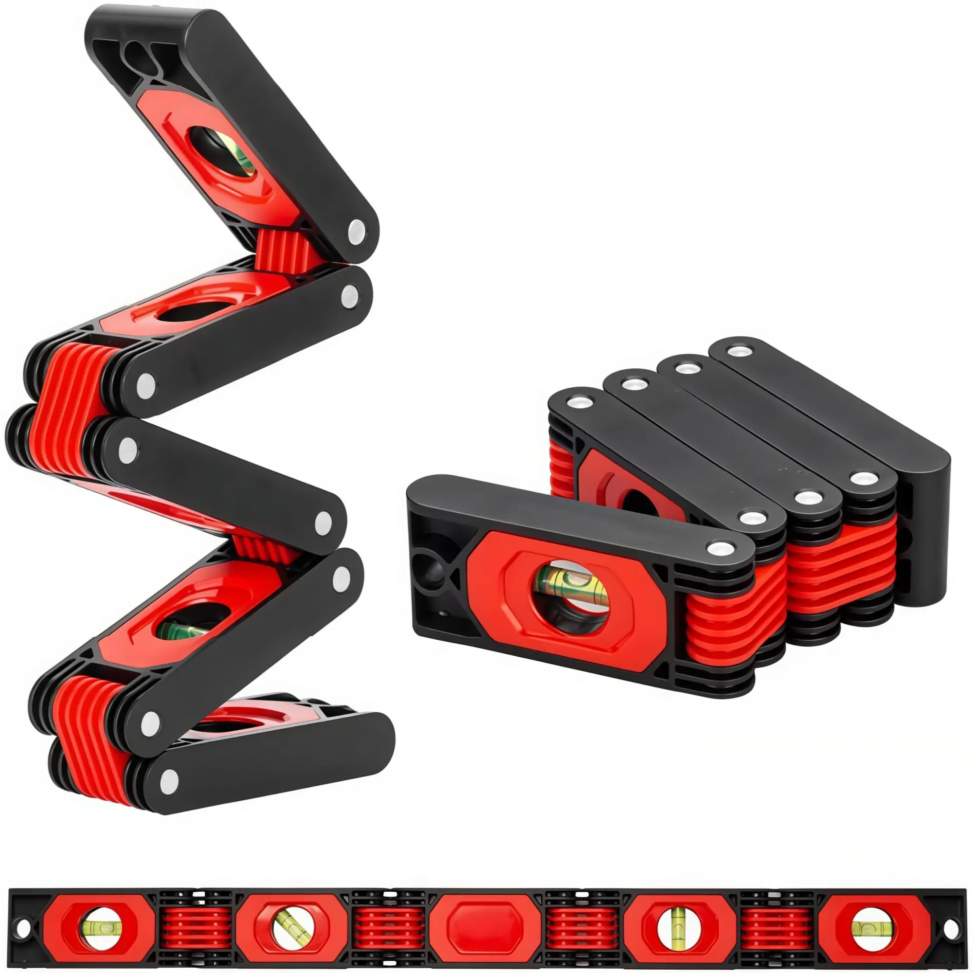 Foldable Level Tool, Multi-Angle Magnetic Spirit Level with 5 Hinges & 4 Bubble Levels for 0°/45°/90° Reading, Compact DIY Home Woodworking Hardware