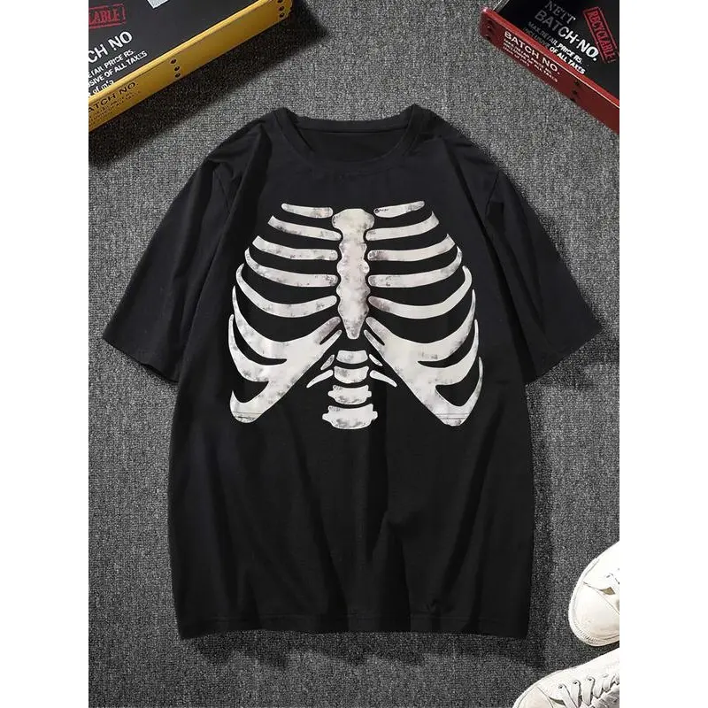 Unisex Skeleton Ribcage Graphic T-Shirt, Black White Streetwear Top, Halloween Funny Tshirt for M-2XL Sports & Outdoor Active Wear, 3Xl, Crew Neck, Cold Wash, Fashion