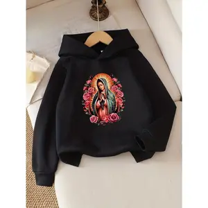 Hooded Sweatshirt - Virgin Mary & Religious Icon Print, Loose Fit Warm Sweater for Catholic Church Outfits, Christmas & Casual Attire