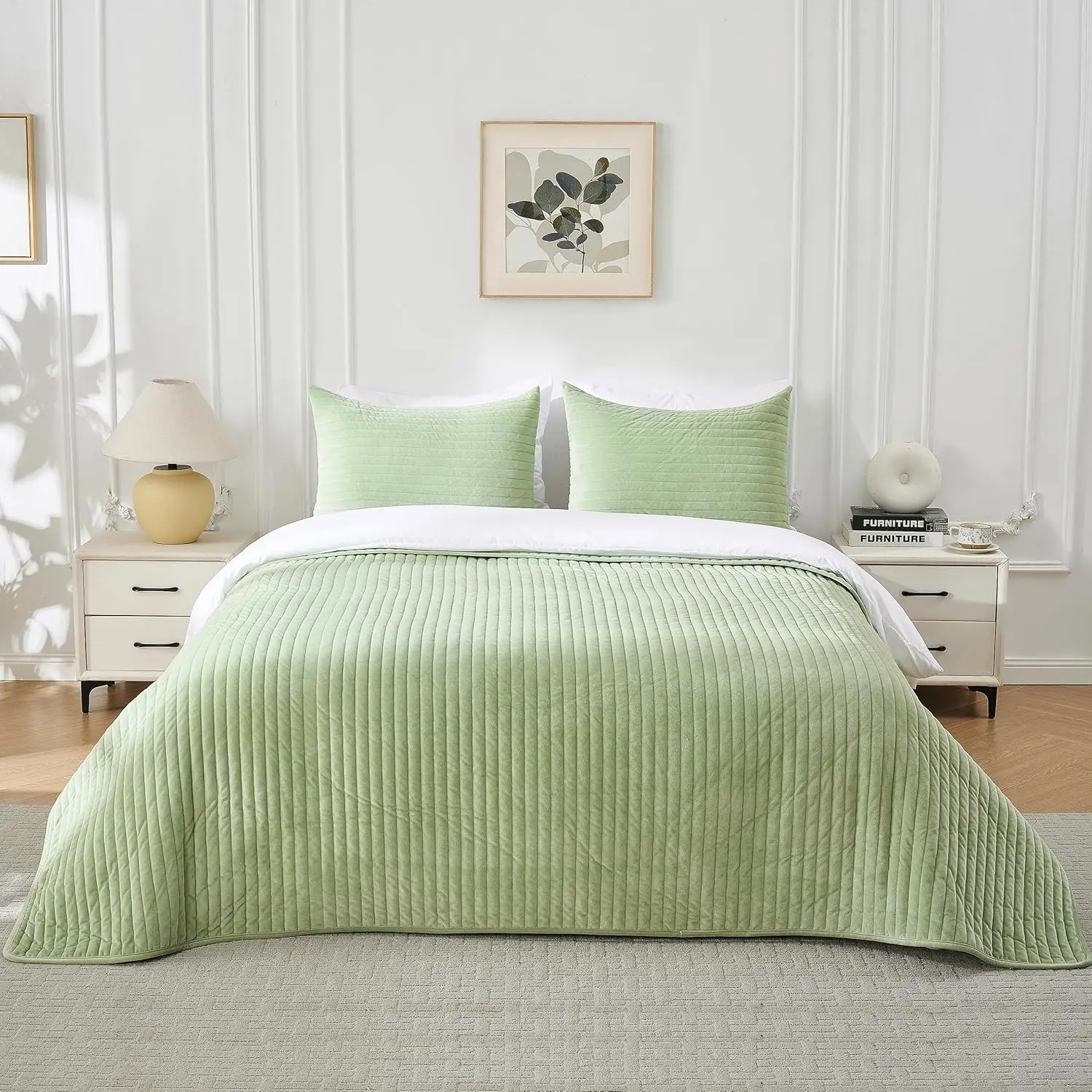 Sage Green Queen-Size 3-Piece Striped Velvet Bedding Set - Soft, Breathable, Lightweight Quilted Coverlet, 2 Matching Pillow Shams, Machine-Washable All-Seasons Luxury Bedspread