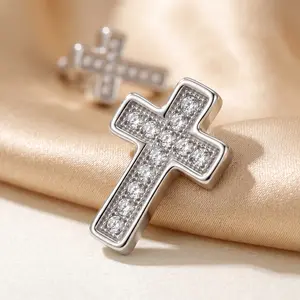 Silver Full Pave CZ Cross Stud Earrings, Bling Rhinestone Christian Faith Cross Statement Ear Studs for Men Women