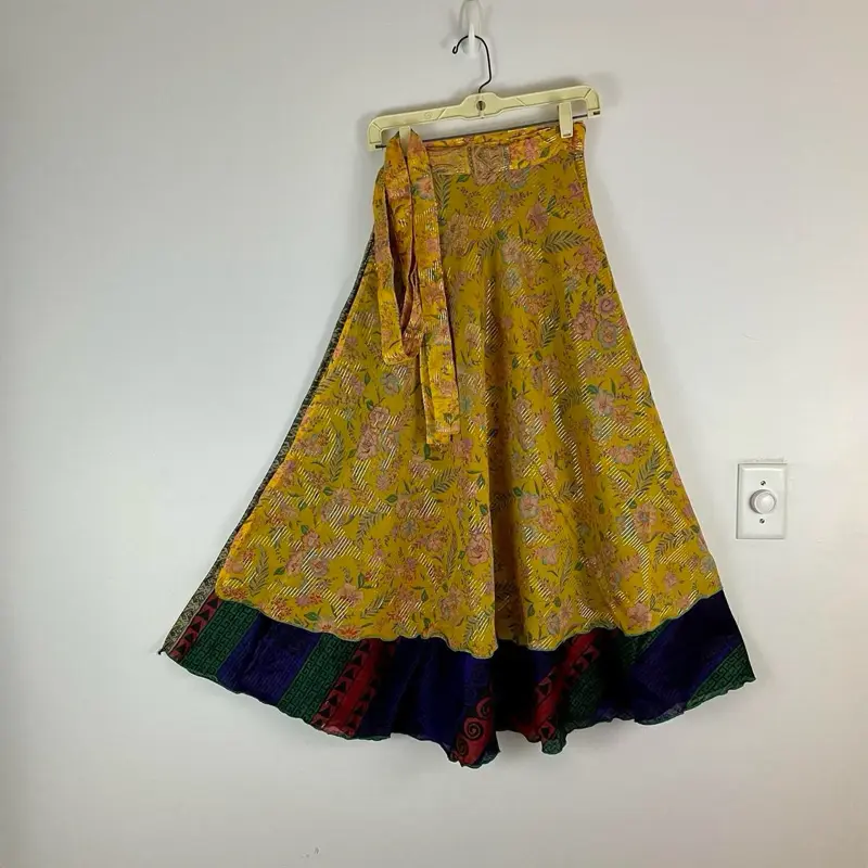 Womenswear Reversible Layered Maxi Wrap Skirt One Size Silk Saree Vintage Vibe Boho