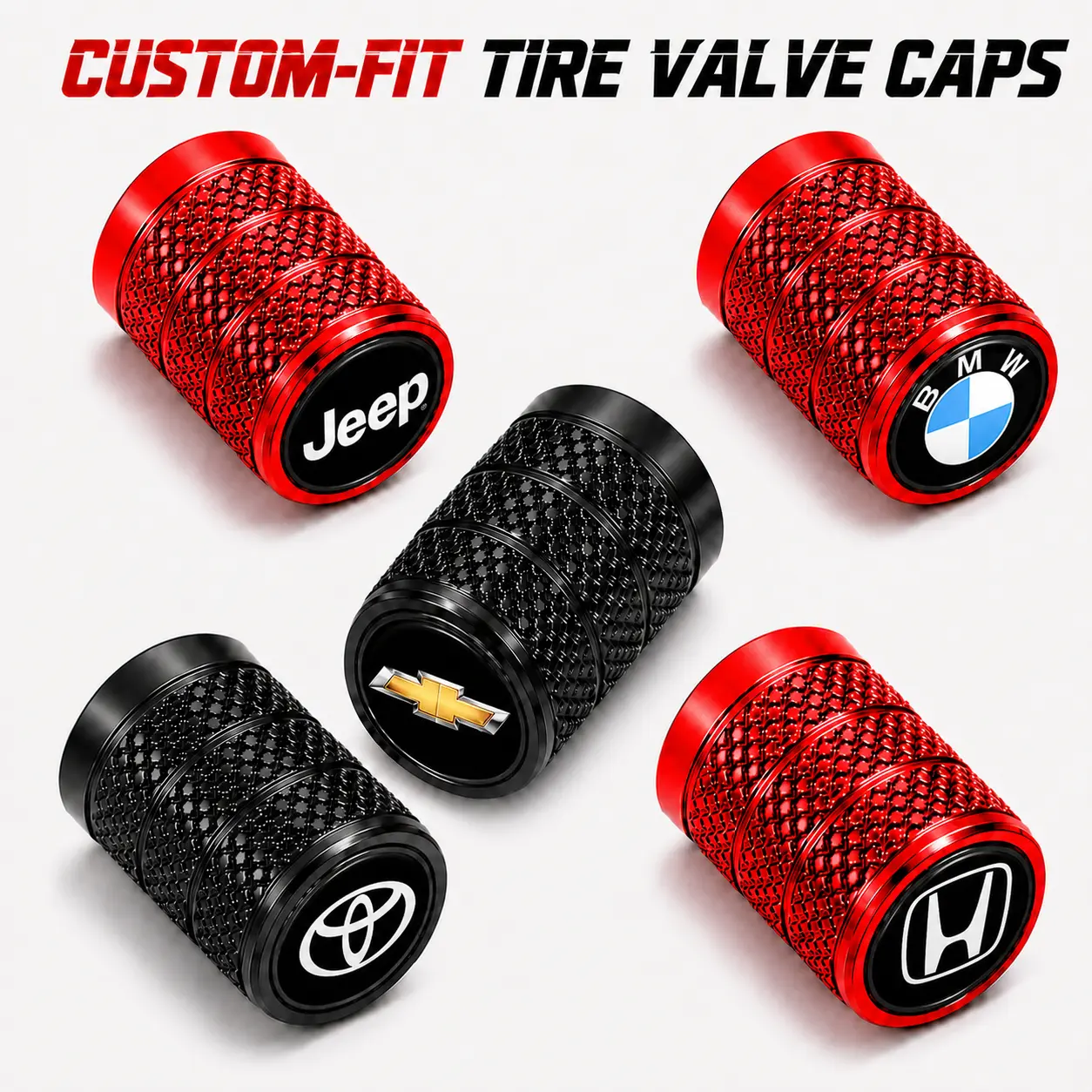 Universal Tire Valve Stem Caps, 5 Pack for Ford Chevy Toyota Honda Nissan Jeep Hyundai Kia Ram GMC, Knurled Grip Aluminum Alloy Valve Covers with Rubber Seal, Easy Hand Tighten Anti-Slip Leak Proof Auto Parts Car Accessories for Most Cars Trucks SUVs