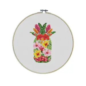 Tropical Pineapple Premium Cross Stitch Kit - EVERYTHING INCLUDED | Exotic Flowers | Island Vacation | Hawaiian Flowers | Travel Patterns | Ocean
