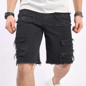 SRETOUU Men's Distressed Baggy Denim Shorts - Heavy Patchwork Ripped Jean Shorts with Frayed Edges & Vintage Aesthetic for Summer Streetwear - Fabric