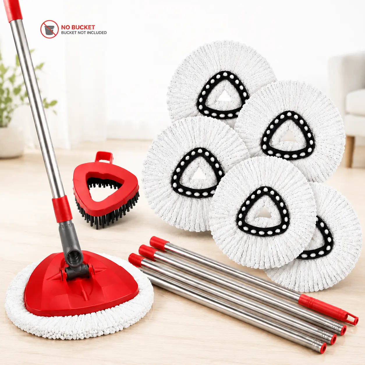 Microfiber Spin Mop Replacement Heads Kit with Scrub Brush & Mop Handle, Refill Mop Pads for Floor Cleaning, Machine Washable Durable Mop Head Refills Compatible with O-Cedar EasyWring 1 Tank System