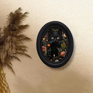 Gothic Cat Wooden Oval Frame, Hand-Painted Floral Design, Home and Office Decor, Halloween and Holiday Decoration, Christmas Choice, Home Decor Ornaments, Hanging Decor
