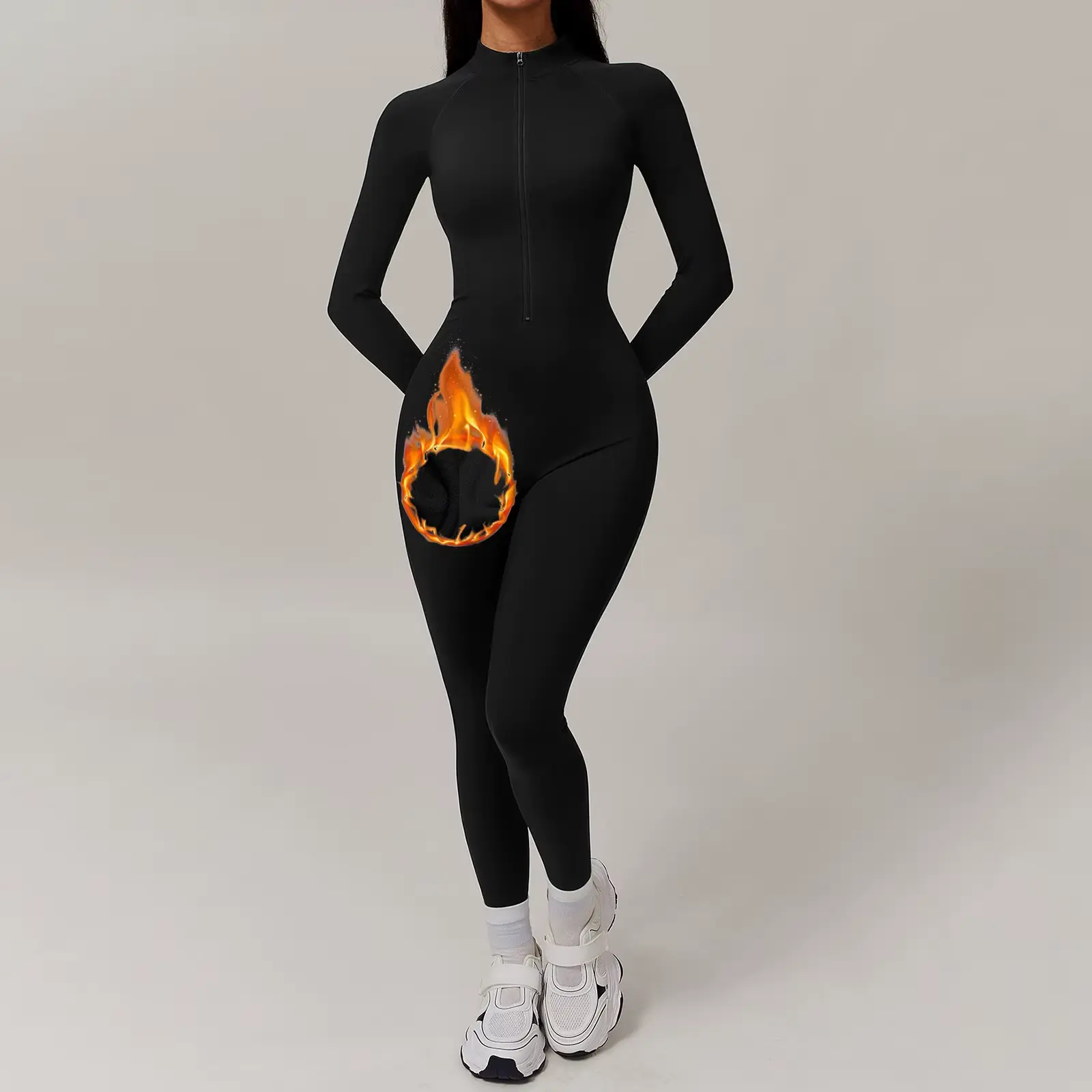 VIXEN - Fleece Lined Warm One-Piece Women Slim Jumpsuit Solid Color Long Sleeve