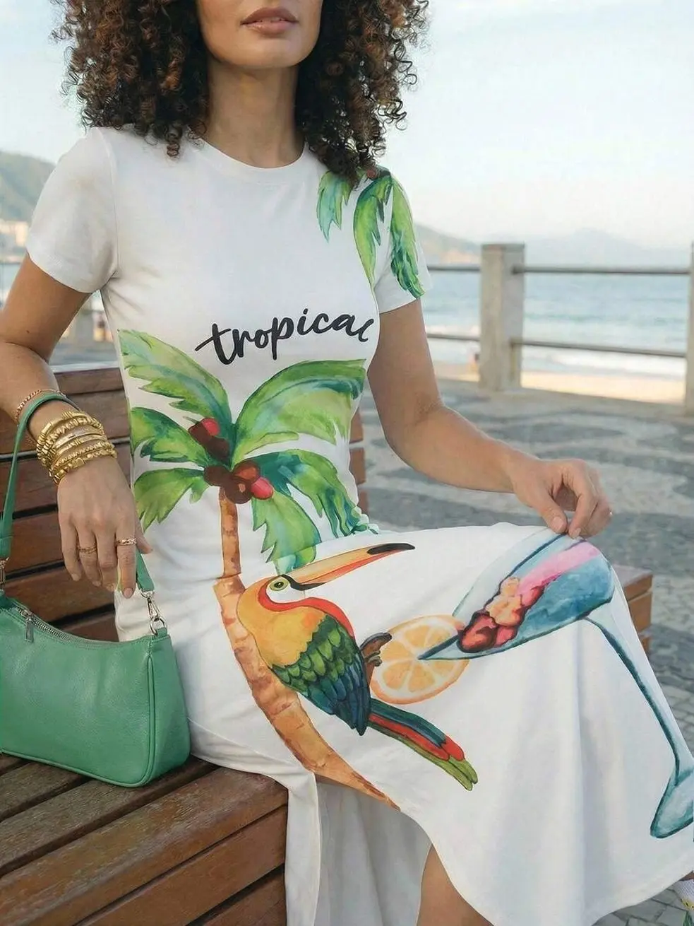 Tropical Parrot & Coconut Tree Print Knit Casual Dress - Summer Vacation Style
