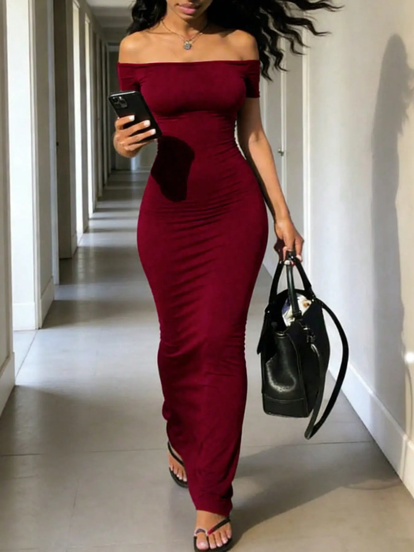 Women's Solid Color Off-Shoulder Short Sleeve Long Dress, Elegant Cocktail Dress, Womenswear, Elegant Chic Style, Perfect for Casual, Formal Wear and Evening Event Clothing, Comfortable, Fit and Stylish Design, Cocktail Maxi Dress