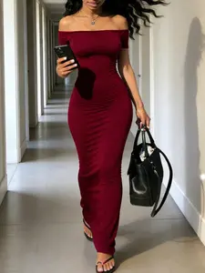 Women's Solid Color Off-Shoulder Short Sleeve Long Dress, Womenswear, Elegant Chic Style, Perfect for Casual and Formal Wear, Comfortable, Fit and Stylish Design